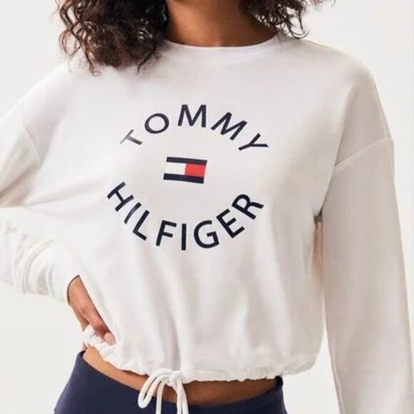 Tommy Hilfiger Sport Medium Cropped Front Tie White Sweatshirt with Logo NWOT - Picture 1 of 6
